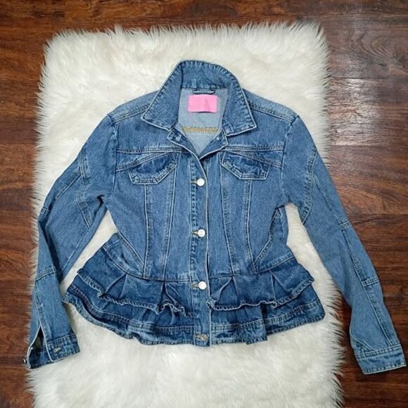 Azalea Wang  Blue Denim Ruffled Peplum Jacket Size Medium 100% Cotton - Picture 2 of 12